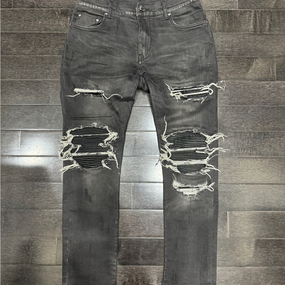 Amiri Mens Gray Distressed Leather Slasher Denim - Picture 2 of 5